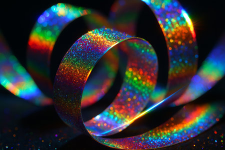 Sparkling rainbow ribbon against dark background with glitter and vibrant colors concept of festive decor, celebration, creative design.の写真素材
