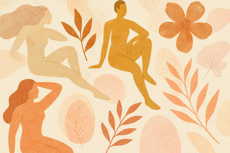 Abstract illustration of diverse nude women with floral elements and leaves concept of diversity, feminine beauty, artistic expression, background.の写真素材
