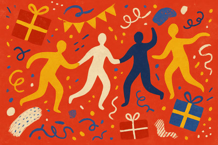 Colorful illustration of people dancing with gifts and decorations on red background. concept of...