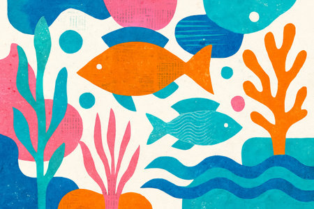 Colorful abstract fish and ocean plants illustration on textured background. concept of underwater world, marine life, ocean ecosystem, background.の写真素材