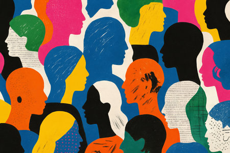 Diverse colorful human silhouette illustration on white background. concept of multicultural diversity, creative design, vibrant artwork, people.の写真素材
