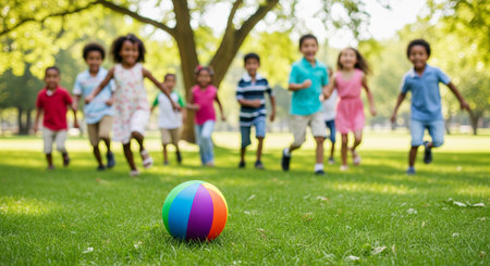Group of diverse children running towards colorful beach ball on green grass in sunlit park. concept of childhood fun, outdoor play, group activity in nature.の写真素材