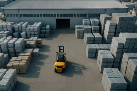 Yellow forklift operating in industrial warehouse yard surrounded by heavy pallet stacks on a clear day. concept of industrial equipment, shipping operations, logistics management.の写真素材