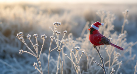 Festive cardinal bird wearing santa hat perched on frosty winter branch with snowy background. concept of christmas wildlife, holiday celebration, seasonal nature scene.の写真素材