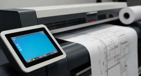 Large format printer with architectural blueprint output in modern office printing concept of...