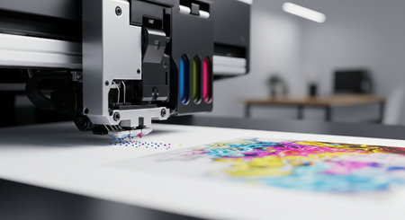 High-tech inkjet printer creating vibrant and colorful abstract art in a modern office environment....