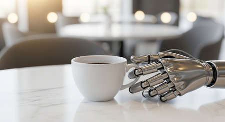 Robotic hand holding a coffee cup on marble table in modern cafe. concept of technology integration, futuristic lifestyle, coffee culture.の写真素材