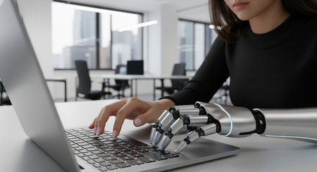 Professional latina woman using advanced robotic hand to type on laptop in modern office...