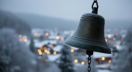 Frosty bell hanging with snowy Christmas village backdrop and glowing lights during winter evening. concept of serene winter landscape, festive season, peaceful village ambiance.の写真素材