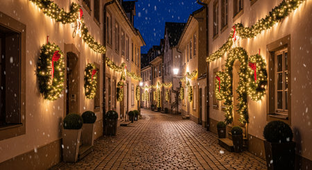 Snowy european city street with festive christmas lights in winter night. concept of holiday spirit, seasonal celebration, christmas decor, winter wonderland, festive atmosphere.の写真素材