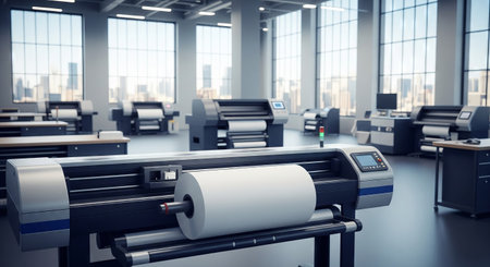 Large format printers in modern print shop with industrial interior and city view. concept of professional printing, workplace technology, graphic design.の写真素材
