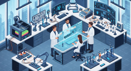 Scientists in modern laboratory analyzing data on futuristic holographic display surrounded by...