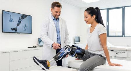 Medical professional demonstrating and adjusting advanced prosthetic leg for hispanic woman in...