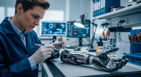 Engineer repairing a robotic arm in a technology lab with advanced equipment and tools. concept of artificial intelligence, innovation, robotics development.の写真素材