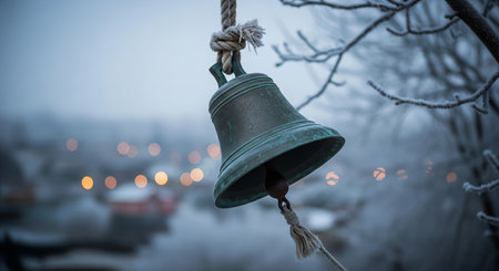 Winter scene with vintage bell hanging on frosty tree branch in a foggy Christmas village. concept of tranquility, vintage decor, winter atmosphere.の写真素材