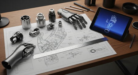 Advanced robotics design with mechanical hand prototype and digital tablet displaying blueprint on...