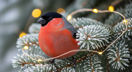 Vibrant bullfinch perched on frosted pine branch with glowing lights in winter forest scene. concept of nature's beauty, festive atmosphere, seasonal wildlife photography.の写真素材