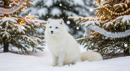Beautiful arctic fox in snowy winter wonderland surrounded by festive decor and snowflakes. concept...