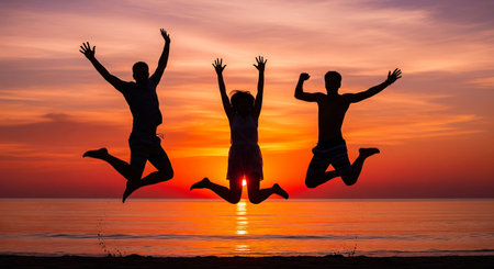 Three friends jumping in joy on a beach at sunset with vibrant sky. concept of friendship, sunset...