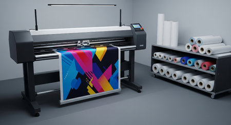 Large format inkjet printer in modern print studio with colorful fabric output. concept of printing...