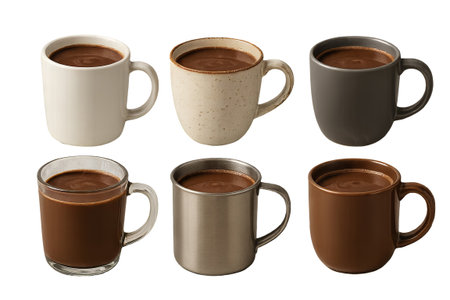 Png set of ceramic and metal mugs with hot chocolate isolated on transparent background. concept of cozy beverages, warm drinks, winter comfort, hot cocoa collection.の写真素材
