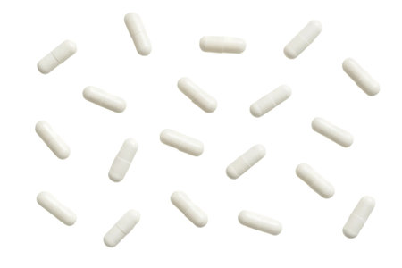 Png set of white capsules isolated on transparent background. concept of pharmaceutical elements,...