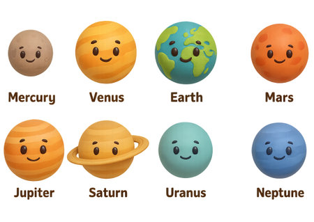 Png set of cute cartoon planets of the solar system with faces isolated on transparent background....
