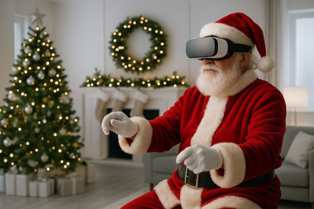 Man in Santa Claus suit wearing virtual reality headset, interacting with an immersive digital world on Christmas. Festive technology for holiday fun.の写真素材