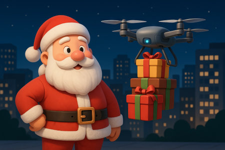 Santa Claus delivering Christmas gifts with a drone at night. Modern holiday delivery service. New technology for fast present distribution.の写真素材
