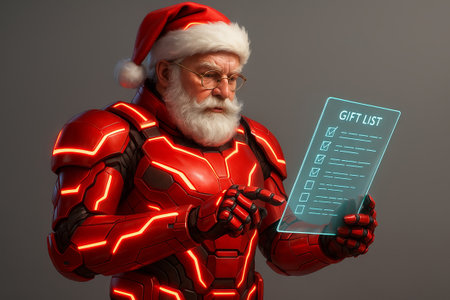 Santa claus in futuristic cyber suit checking a transparent digital gift list. Modern Christmas technology concept and holiday celebration.の写真素材
