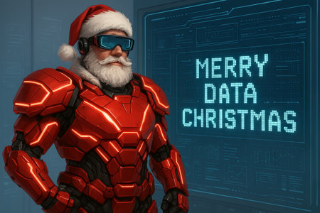 Santa Claus in a futuristic red armor suit with glowing elements. Merry data Christmas message on a digital screen. AI and Christmas concept.の写真素材