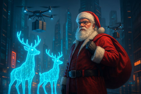 Santa claus in a futuristic urban setting with delivery drones and glowing digital reindeer. Modern Christmas gift delivery concept for holiday season.の写真素材