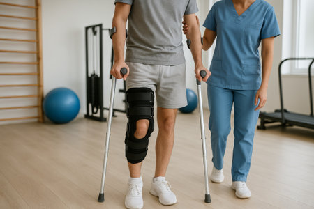Man with knee brace and crutch walking in a rehabilitation center with medical nurse assistant. Physical therapy and recovery concept for healthcare.の写真素材