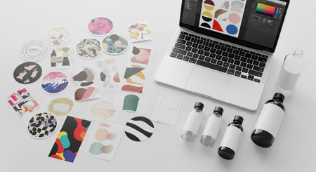Graphic designer creating custom label design mockups on laptop with aesthetic shapes and blank...