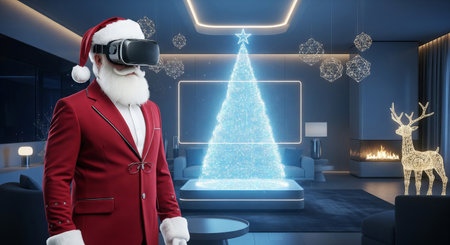 Man wearing a santa hat and beard with virtual reality headset, experiencing a holographic Christmas tree in a modern living room.の写真素材