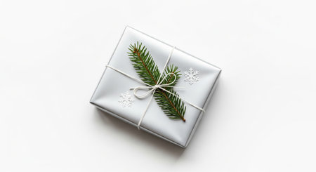 Gift box wrapped in silver paper with fir branch and snowflakes on white background. Holiday present for Christmas or New Year celebration with copy space.の写真素材
