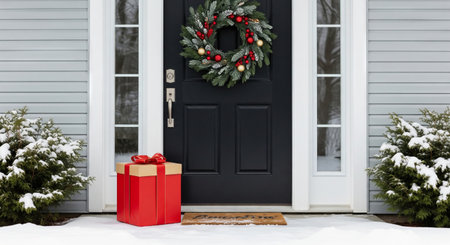 Christmas wreath on a front door with a red gift box outside in the snow, symbolizing holiday...