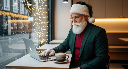 Man with thick white beard wearing a Santa hat and green suit using a laptop in a cafe with Christmas lights outside. Modern Santa Claus working on holiday.の写真素材