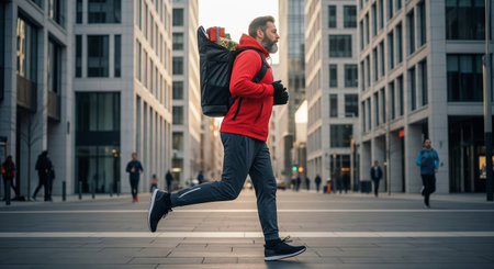 Caucasian man running fast with backpack full of gifts in city street. Quick delivery service for holiday season. Christmas or New Year present.の写真素材