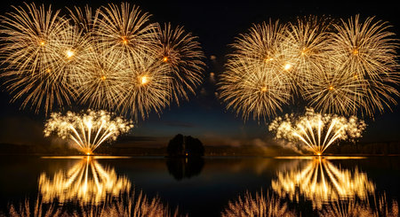 Golden fireworks exploding over lake at night. Festive pyrotechnic display with reflection in water for celebration New Year, holiday event.の写真素材