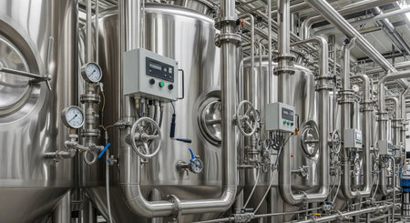 Industrial stainless steel tanks and pipes in a modern factory. Production line for food, beverage, chemical or pharmaceutical industry. Equipment for modern manufacturing.の写真素材