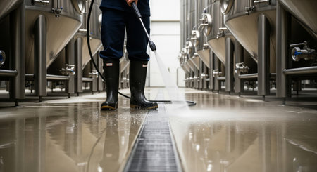 Worker cleaning industrial floor with a pressure washer in a brewery facility, ensuring hygiene and maintenance for production.の写真素材