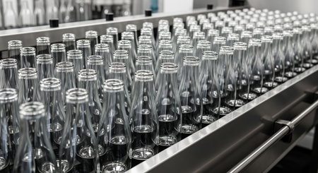Clear glass bottle moving on a modern conveyor belt in a production line. Automated factory close up concept for industrial output and manufacturing.の写真素材