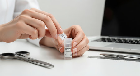 Woman preparing laboratory sample bottle with test label. Medical diagnostic concept for health and research.の写真素材