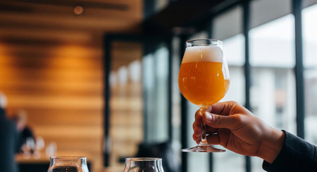 Man holding a glass of craft beer in a brewery or bar, representing a casual drink or tasting experience. copy space.の写真素材