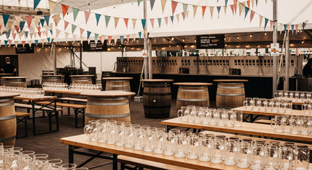 Outdoor beer garden setup with tables, benches, and rows of empty mugs, adorned with pennant banners...