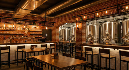 Empty craft brewery bar and restaurant interior with copper fermentation tanks and exposed brick walls. Industrial chic drinking establishment with modern design.の写真素材