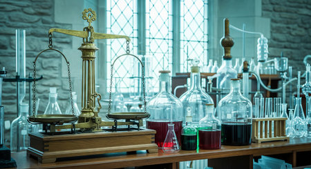 Vintage chemical laboratory equipment on a wooden table, featuring an old balance scale, flasks with colorful liquids, and beakers in a science education setting.の写真素材