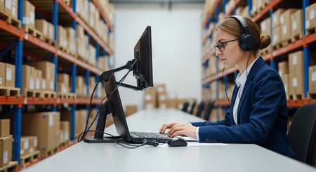 Woman in headphones working on laptop and monitor in a warehouse setting. Logistics, supply chain...