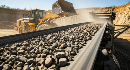Industrial conveyor belt transporting rock aggregate in a quarry with a loader in the background....